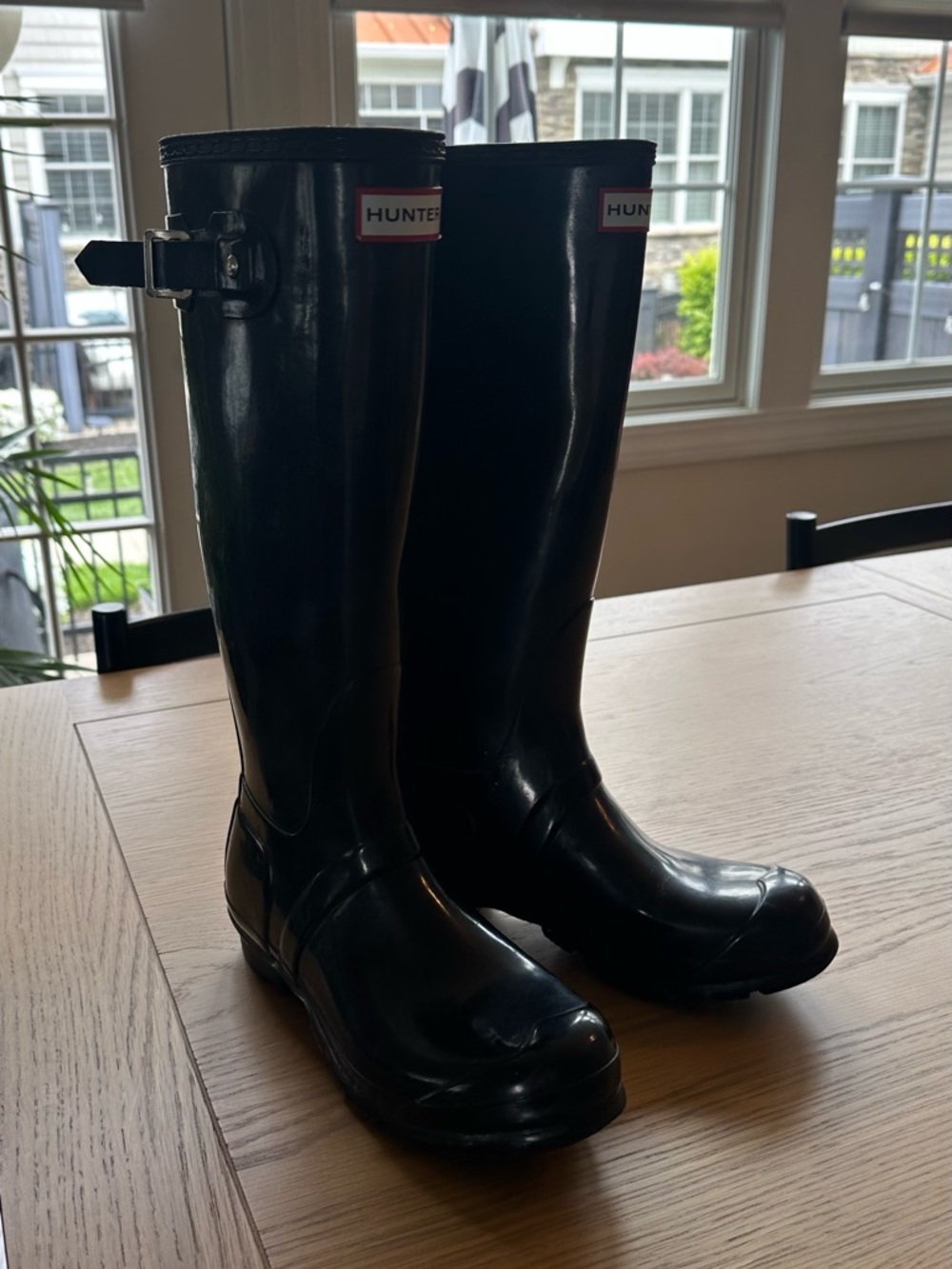 Hunter Black Gloss Knee-High Rain Boots.  Ladies US 7